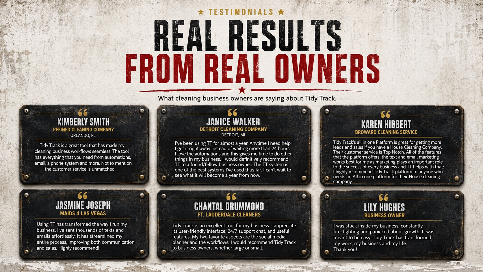 Testimonials and real results from cleaning business owners using Tidy Track.